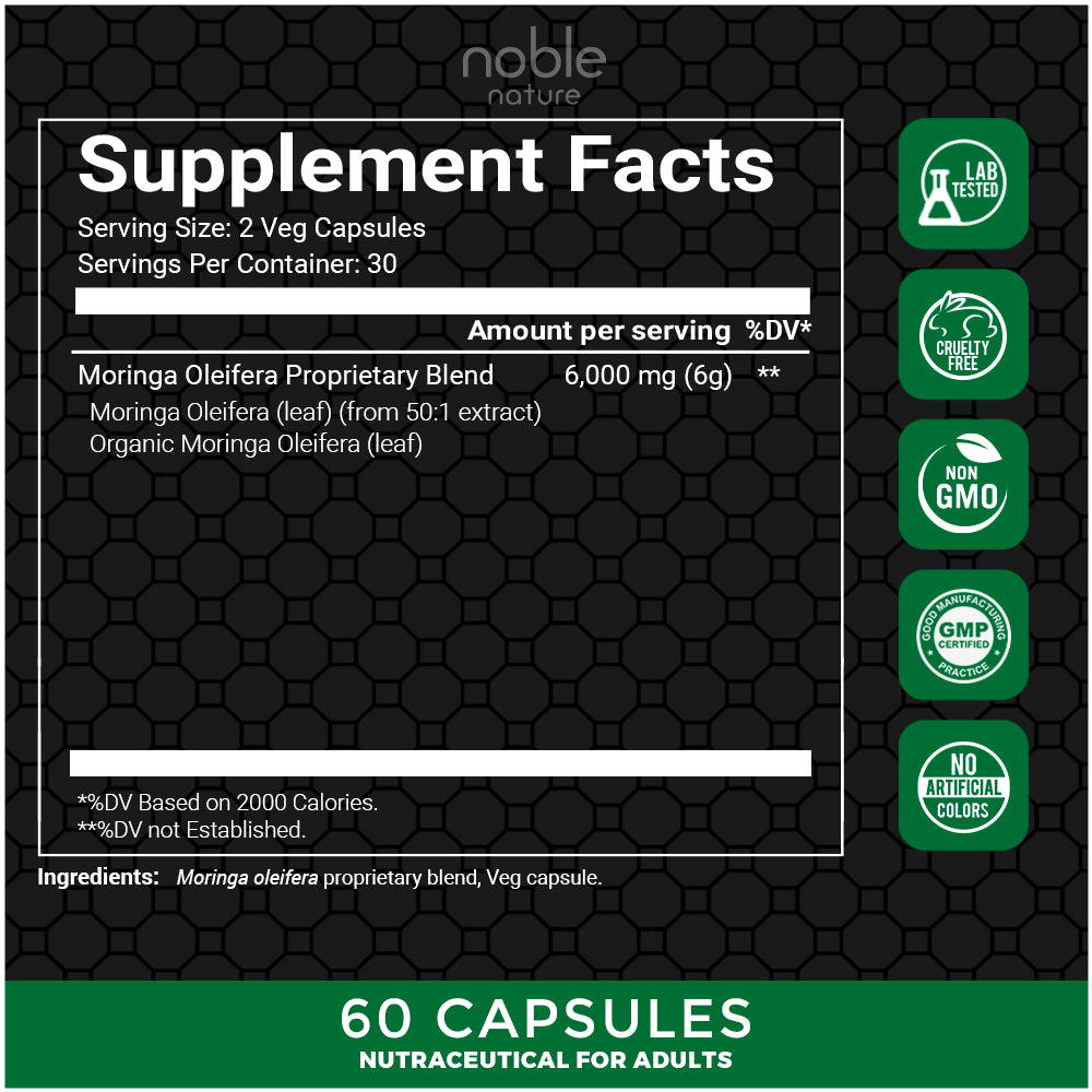 كبسولات المورينجا من نوبل نيتشر، لتعزيز الطاقة الطبيعية، ودعم المناعة، ومضادات الأكسدة القوية - 60 كبسولة نباتية - 6000 ملغ لكل حصة