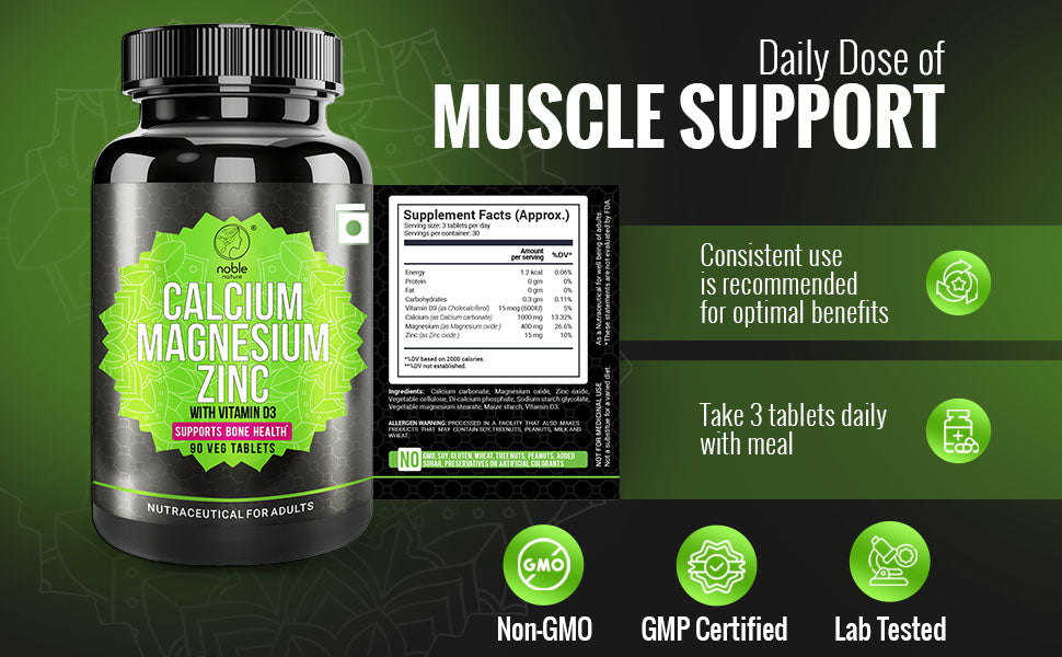 نوبل نيتشر كالسيوم ماغنيسيوم زنك مع فيتامين د3 - ​​مكمل غذائي معدني أساسي، 90 قرصًا - يعزز صحة العظام ويدعم المناعة