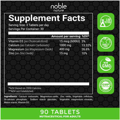 نوبل نيتشر كالسيوم ماغنيسيوم زنك مع فيتامين د3 - ​​مكمل غذائي معدني أساسي، 90 قرصًا - يعزز صحة العظام ويدعم المناعة