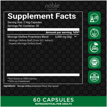 كبسولات المورينجا من نوبل نيتشر، لتعزيز الطاقة الطبيعية، ودعم المناعة، ومضادات الأكسدة القوية - 60 كبسولة نباتية - 6000 ملغ لكل حصة